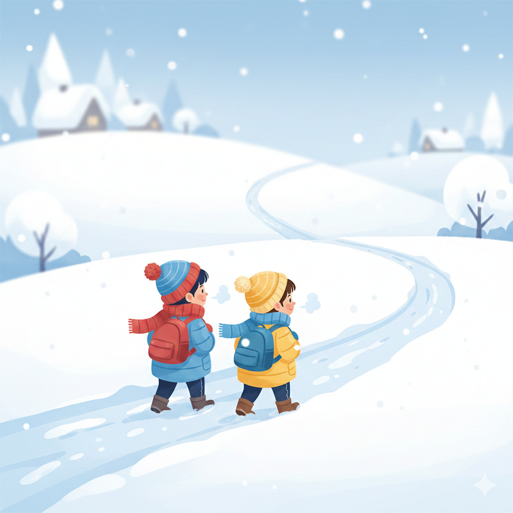 雪天两个走山路的孩子